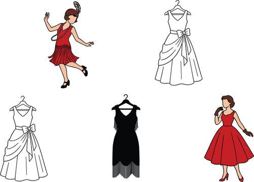 Retro vintage fashion vector set featuring 1920s flapper dancer characters fringe dresses and classic wedding dress templates
