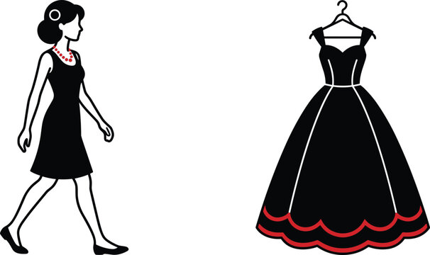 Vector silhouette collection featuring walking woman in little black dress and elegant formal gown on a clothes hanger
