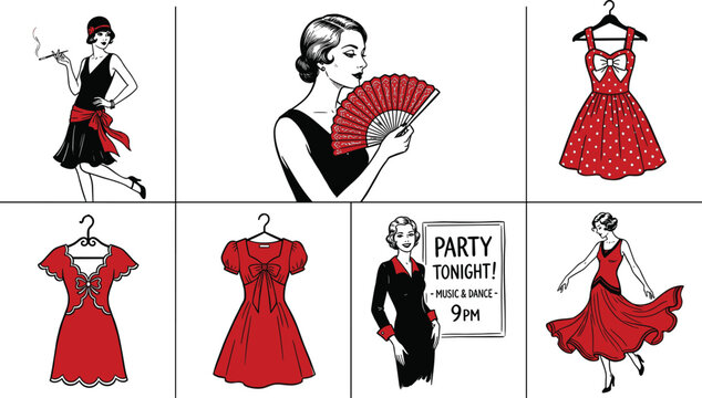 Vintage retro fashion vector collection featuring 1920s flapper women party dresses dancing characters and elegant style elements