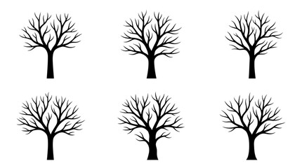 Obraz premium Set of six black bare tree silhouettes for winter nature design projects