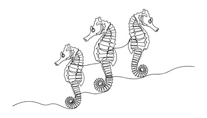 Continuous Simple black line art drawing set of seahorse in a minimalist style on a white background. © shoshi