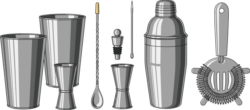 Professional Cocktail Bar Tools Collection Set Featuring Cocktail Shaker Jigger Mixing Spoon Strainer and Bartending Equipment Illustrations