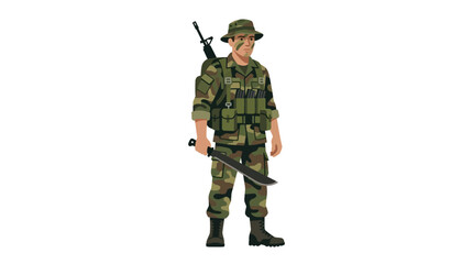 A soldier in green camouflage uniform and hat stands with a rifle and sword against a plain white background. © Dhiyak Boneto