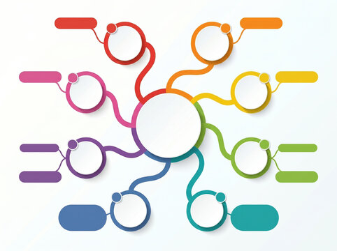 Colorful mind map infographic template with 8 steps, circular flow chart for business presentation, creative brainstorming diagram with blank text boxes