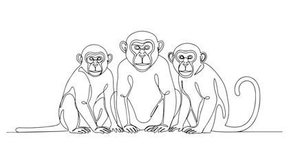 Continuous Simple black line art drawing set of monkey in a minimalist style on a white background. © shoshi