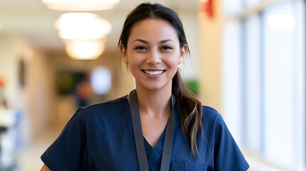 Fototapeta premium A smiling healthcare professional in blue scrubs provides a warm and welcoming portrait in a bright hospital environment