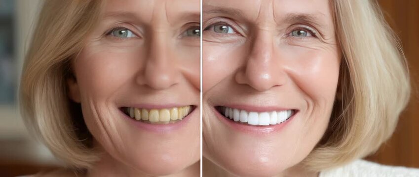 Smiling woman shows before and after teeth whitening at home with easy steps at her kitchen table