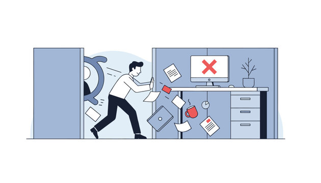 Stressed office worker pushes away a desk filled with clutter and a computer showing an error message in a scene of quitting or frustration.