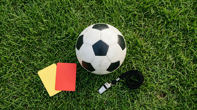 Football match officiating equipment with ball red card yellow card and whistle placed on green grass