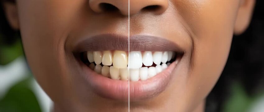 Before and after teeth whitening process showing results of a smile on a model in a bright studio setting