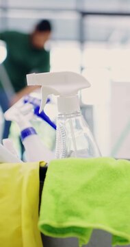 Detergent, supplies and cleaning with woman in office, hygiene and remove dust for sanitation. Cleaner, equipment and mop in workplace for floor disinfection, cleanliness and wiping dirt for wellness