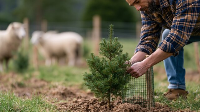 Man protecting young pine tree outdoors