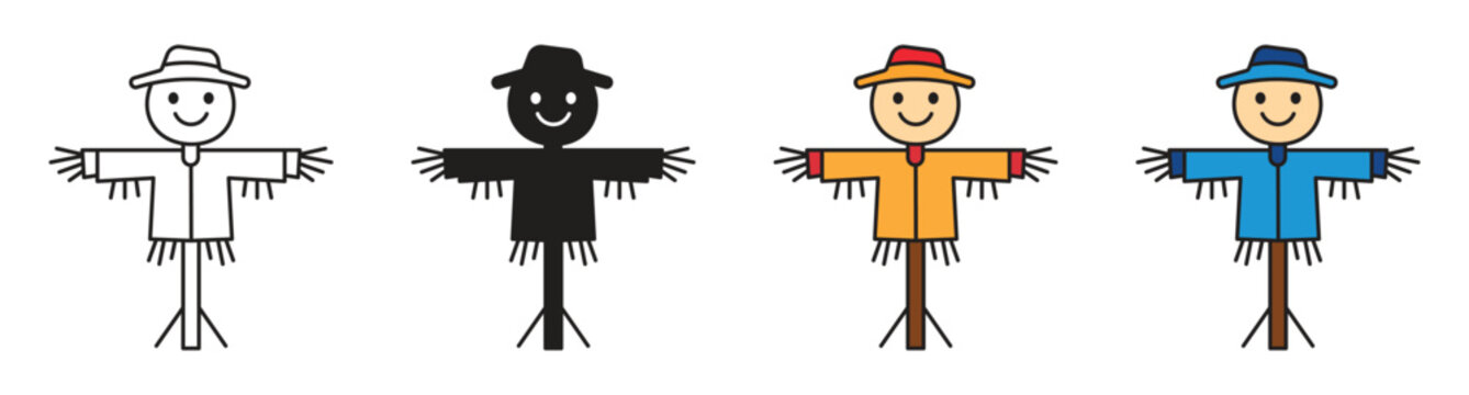 Straw scarecrow icon set. Farm scarecrow protection symbol, vector illustration.