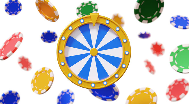 fortune spin wheel with poker chips flying cover banner design entertainment isolated on transparent background spin lucky online poster template game risk luck concept. 3d render element