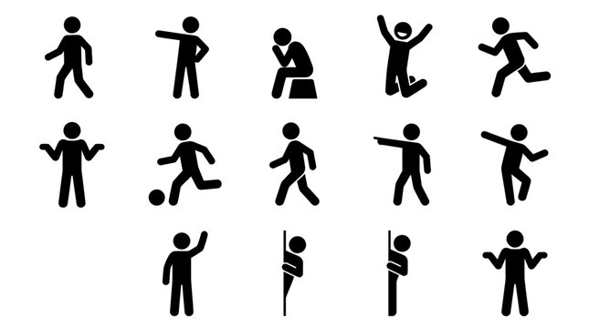 Collection of Human Action Stick Figure Icons Representing Everyday Poses