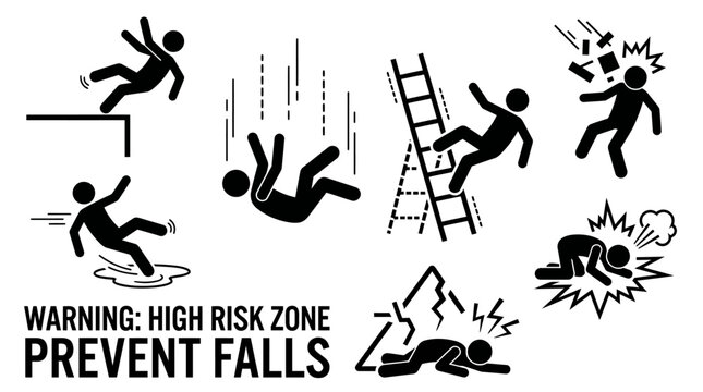 Slip trip and fall hazard warning icons and safety sign vector illustration