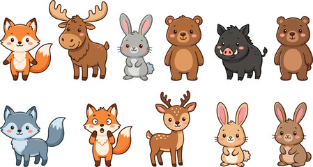 Obraz premium Cute Woodland Animal Cartoon Character Collection with Forest Wildlife Illustrations