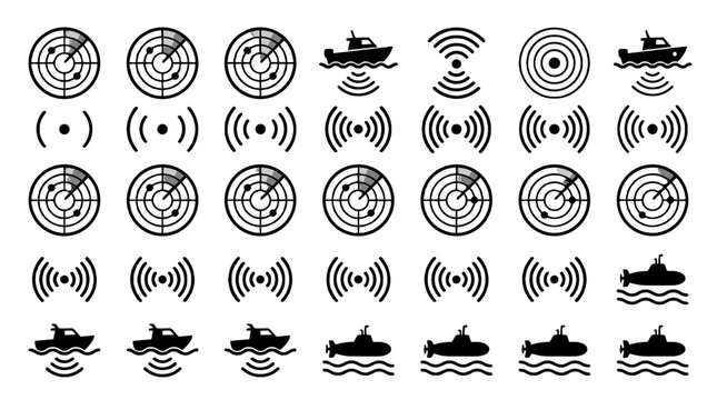 Radar and sonar icon set with boats, submarine, and signal waves