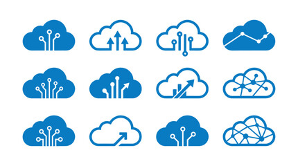 Obraz premium Blue cloud computing icon set with network and upload symbols