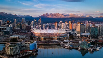 Obraz premium Aerial view of BC Place Stadium in Vancouver, Canada, at sunrise with mountains in the background.