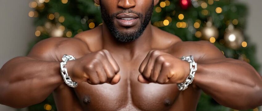 Man with chains on his wrists poses in front of a Christmas tree with lights and decorations in indoor setting during winter season