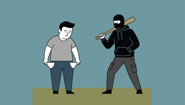 Terrified man showing his empty pockets to a criminal wearing a mask and holding a baseball bat in a street robbery.