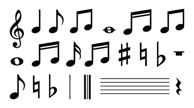 Black music notation symbols and notes icon set
