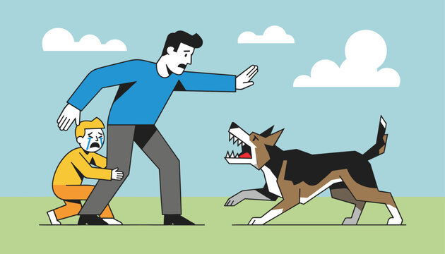 Protective father shielding his scared and crying young son from a barking aggressive dog in a park setting.
