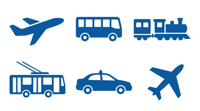 Blue public transport icons set with airplane bus train tram taxi