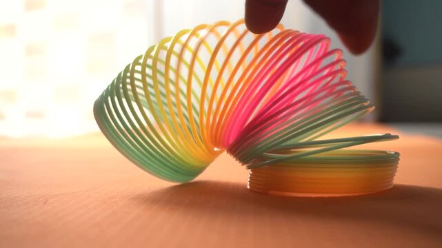 Colorful plastic rainbow magic spring toys, commonly known as slinkies, designed for fun playful movement and nostalgic entertainment.