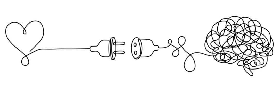 Heart and brain connected by a plug and socket, symbolizing the connection between emotions and logic