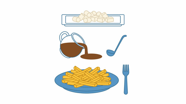Illustration of poutine preparation with fries gravy and cheese curds.