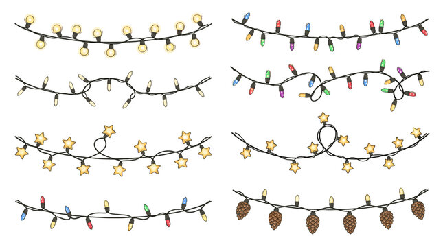 Set of decorative string light garlands and pinecone lights