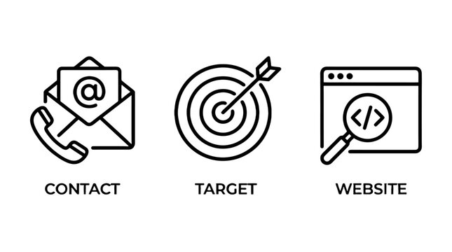 Contact, target and website line icons set