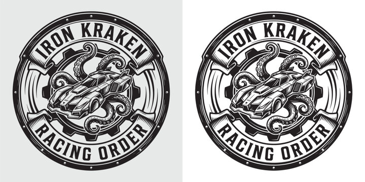 Iron Kraken Racing Order Futuristic Car and Tentacles Logo