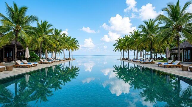 Luxurious infinity pool reflecting palm trees and the ocean under a bright blue sky with clouds.