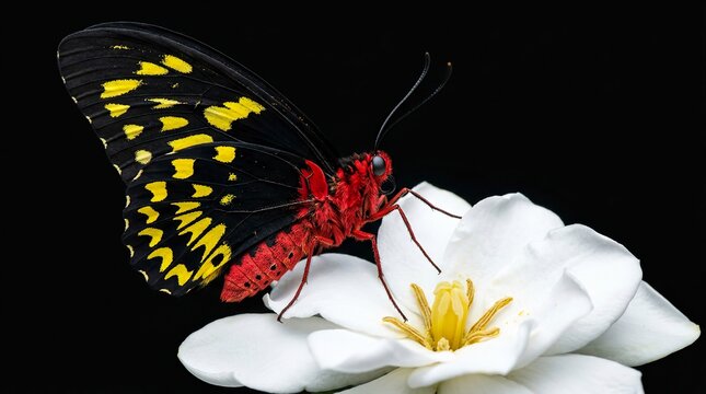 A vibrant male birdwing butterfly with striking yellow markings rests on a delicate white flower against a dark background.