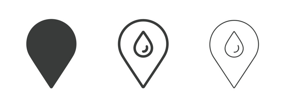 Three location pin icons, one solid and two with a water drop on a white background map marker