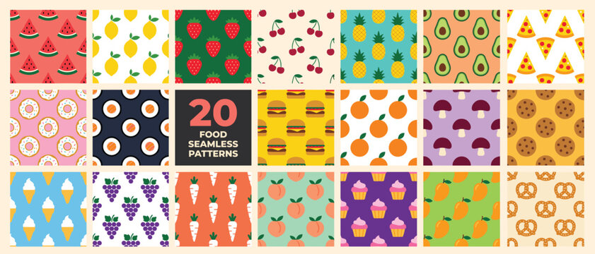 Food seamless pattern vector set with fruit, burger, pizza, donut, cupcake, vegetable and colorful kawaii repeat designs

