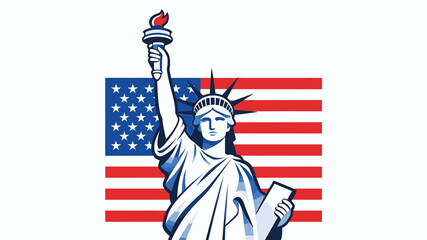 The Statue of Liberty, a symbol of freedom and democracy, stands proudly in front of the American flag, representing the United States of America. © Pitu