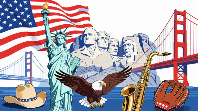 A vibrant collage of iconic American symbols including the Statue of Liberty, Mount Rushmore, Golden Gate Bridge, and a bald eagle, representing USA culture and history.