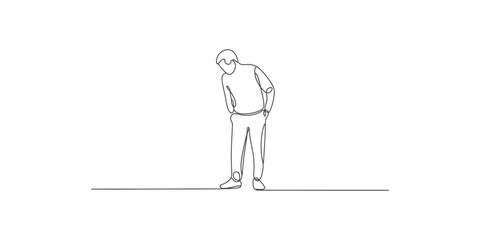 Obraz premium Continuous line drawing of a man standing with his hands on his hips and looking down in a simple style