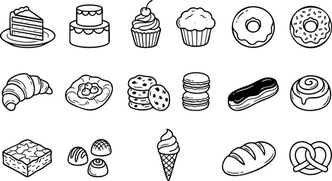 Bakery and pastry selection hand drawn doodles set featuring various sweet baked goods illustration handdrawn