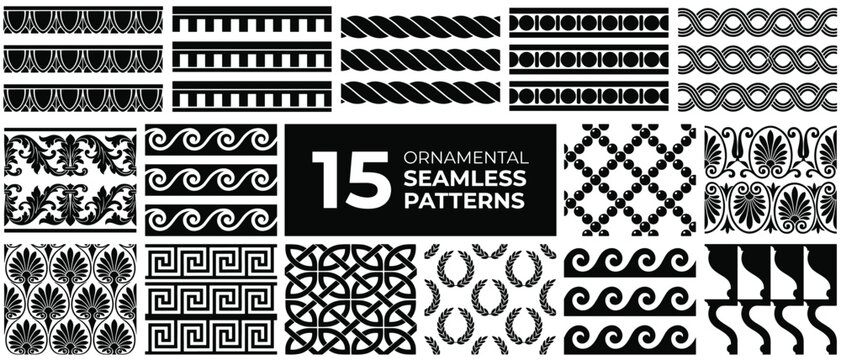Ornamental seamless pattern vector set with Greek meander, wave, laurel wreath, baroque and classical border designs
