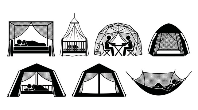 Outdoor shelter sleeping icons set featuring tents hammock mosquito net crib canopy dome camping protection comfort rest silhouette