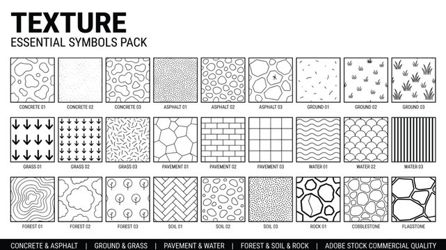 Texture symbols pack vector set with concrete, asphalt, grass, pavement, water, forest, soil, rock and cobblestone patterns
