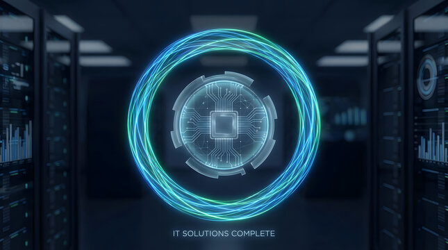 Circular glowing interface between server racks represents completed IT repair, system diagnostics, troubleshooting resolution, and technical service status