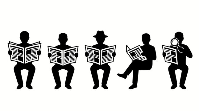 Newspaper reading vector silhouettes showing standing, sitting, magnifying glass, bench, armchair, hat, and printed news engagement scenes