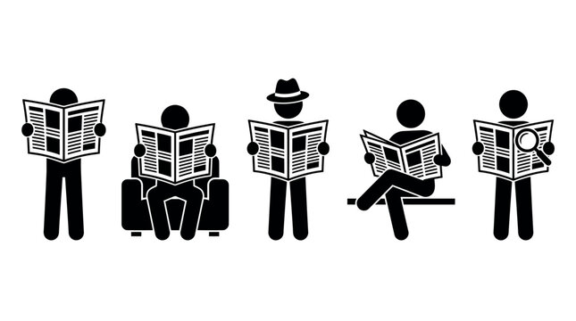 Newspaper reading vector silhouettes showing standing, sitting, magnifying glass, bench, armchair, hat, and printed news engagement scenes