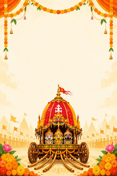 Rath Yatra Festival Banner Template with Traditional Chariot and Floral Decorations